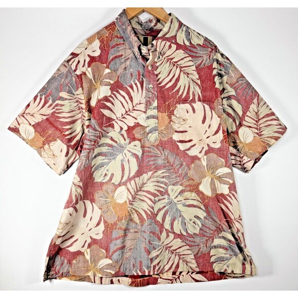 Tori Richard Honolulu Mens XL Hawaiian Shirt Red Brown Reverse Print Popover USA - Picture 1 of 9